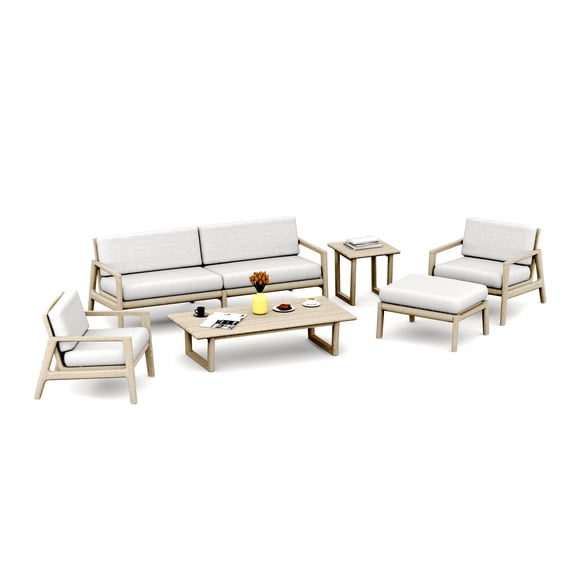 SemaWT Teak Wood 6 Pc Sofa Set: Sofa, 2 Lounge Chairs, Ottoman, Coffee Table & Side Table With Cushions in Outdoor Sunbrella Fabric #5492 Canvas Flax