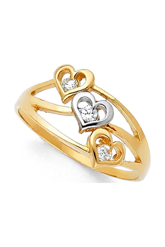 Semanario Heart Ring Solid 14k White Yellow Gold Love Band CZ Stackable Look Three 3 Day Fancy, Size 9