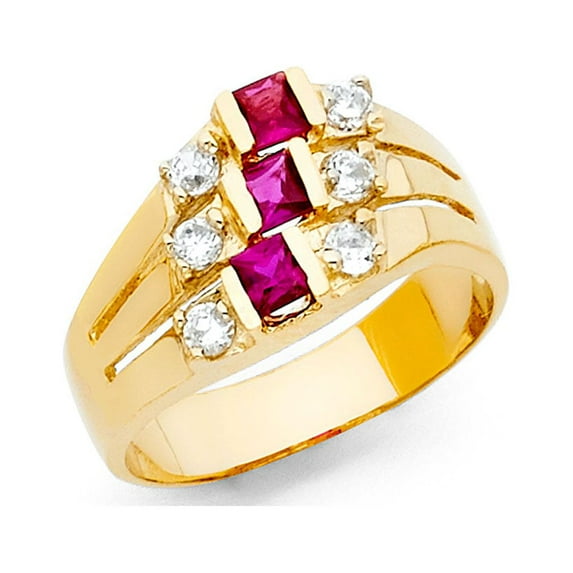 Semanario Ring Solid 14k Yellow Gold Band Three Day Stackable Look Red CZ Stylish Polished Fancy, Size 7.5