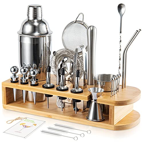 Semderm Cocktail Shaker Set, 26-Piece Premium Mixology Bartender Kit - 18/8 Stainless Steel Bar Set with Bamboo Stand - Includes Mixing Tin, Hawthorne & Mesh Strainer - Professional Gift for Men