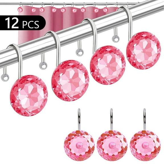 Semfri 12 Pcs Diamond Shape Shower Ring Shower Curtain Hanger Crystal Rolling Hanger for Shower Curtains and Shower Rod Pink