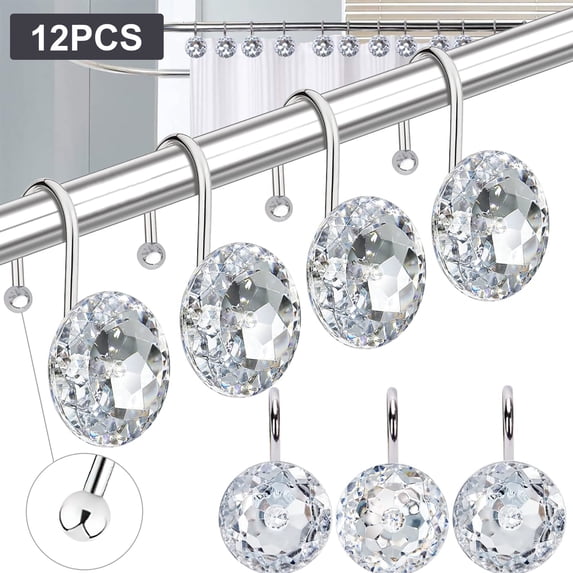 Semfri 12 PCS Shower Curtain Rings Acrylic Decorative Rolling Shower Curtain Rings Diamond Shape Shower Rings Stainless Steel Rust Resistant Decorative Rhinestones Shower Curtain Rings Clear