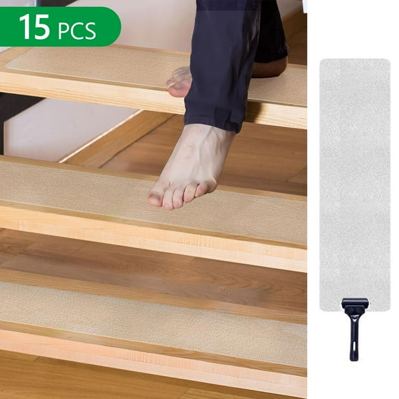 Semfri 15 Pcs Clear Stair Treads 4 x 32 inch Anti Slip Grip Stair Tape with Roller for Wooden Steps Indoor Outdoor