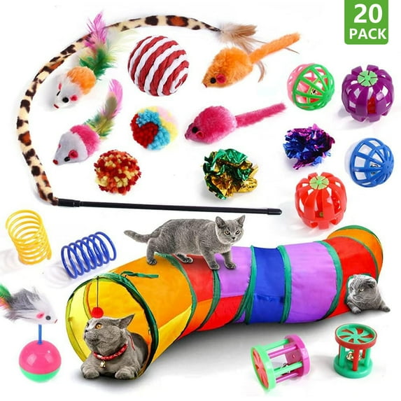 Semfri 20PCS Cat Toys Kitten Toy Set Folding Camouflage Cat Tunnel Indoor Interactive Pet Toys Teaser Cat Feather Toy Colourful Mouse Plush Ball Bell Ball Toy Kit Kitten Puppy(Colorful)