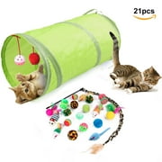 Semfri 21PCS Cat Toys Kitten Toys Set Collapsible Cat Tunnels for Indoor Cats Interactive Cat Feather Toy Fluffy Mouse Tumbler Crinkle Balls Bells Spring Toys Set for Rabbit Kitty Puppy