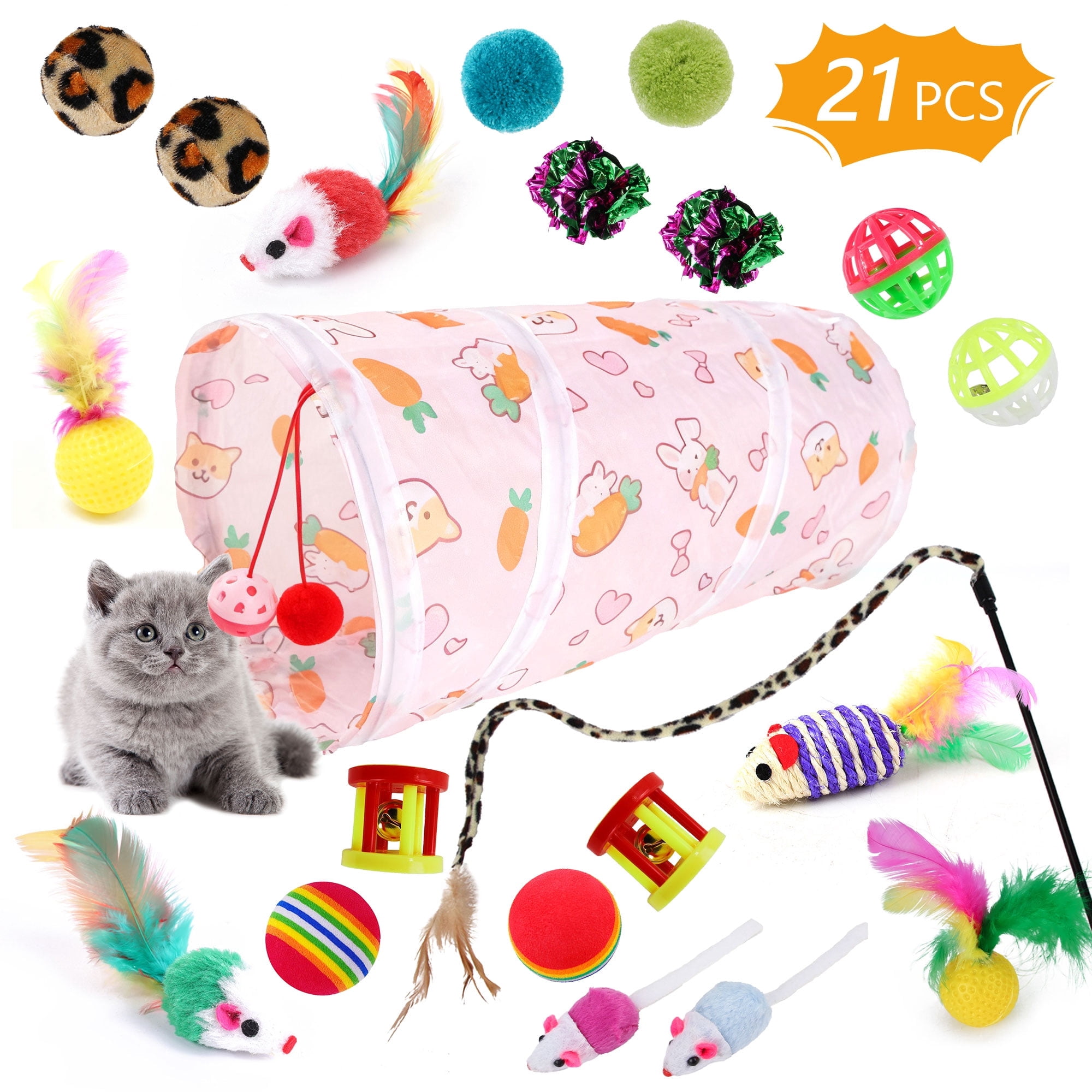 Sheer Fun Semfri 21Pcs Interactive Cat Toy Set with LPink Tunnel & Teaser Wand ...