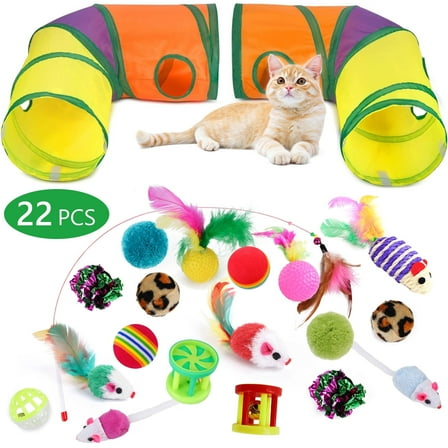Semfri 22Pcs Interactive Cat Toy Set with L-Shaped Tunnel for Cats & Small Pets