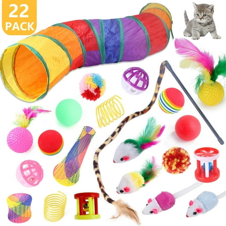Semfri 22PCS Cat Toy Set: Camouflage Tunnel, Feather Teaser & Plush/Mouse/Bell Balls (Colorful)