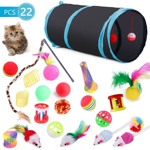 Semfri 22Pcs Cat Toys Kitten Toy Set Collapsible Blue Black Cat Tunnel Interactive Pet Toys Teaser Cat Feather Toys Colorful Mouse Plush Ball Bell Ball Toy Kit Kitten Bunny Puppy
