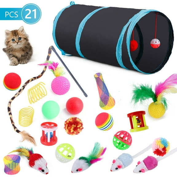 Semfri 22Pcs Cat Toys Kitten Toy Set Collapsible Blue Black Cat Tunnel Interactive Pet Toys Teaser Cat Feather Toys Colorful Mouse Plush Ball Bell Ball Toy Kit Kitten Bunny Puppy
