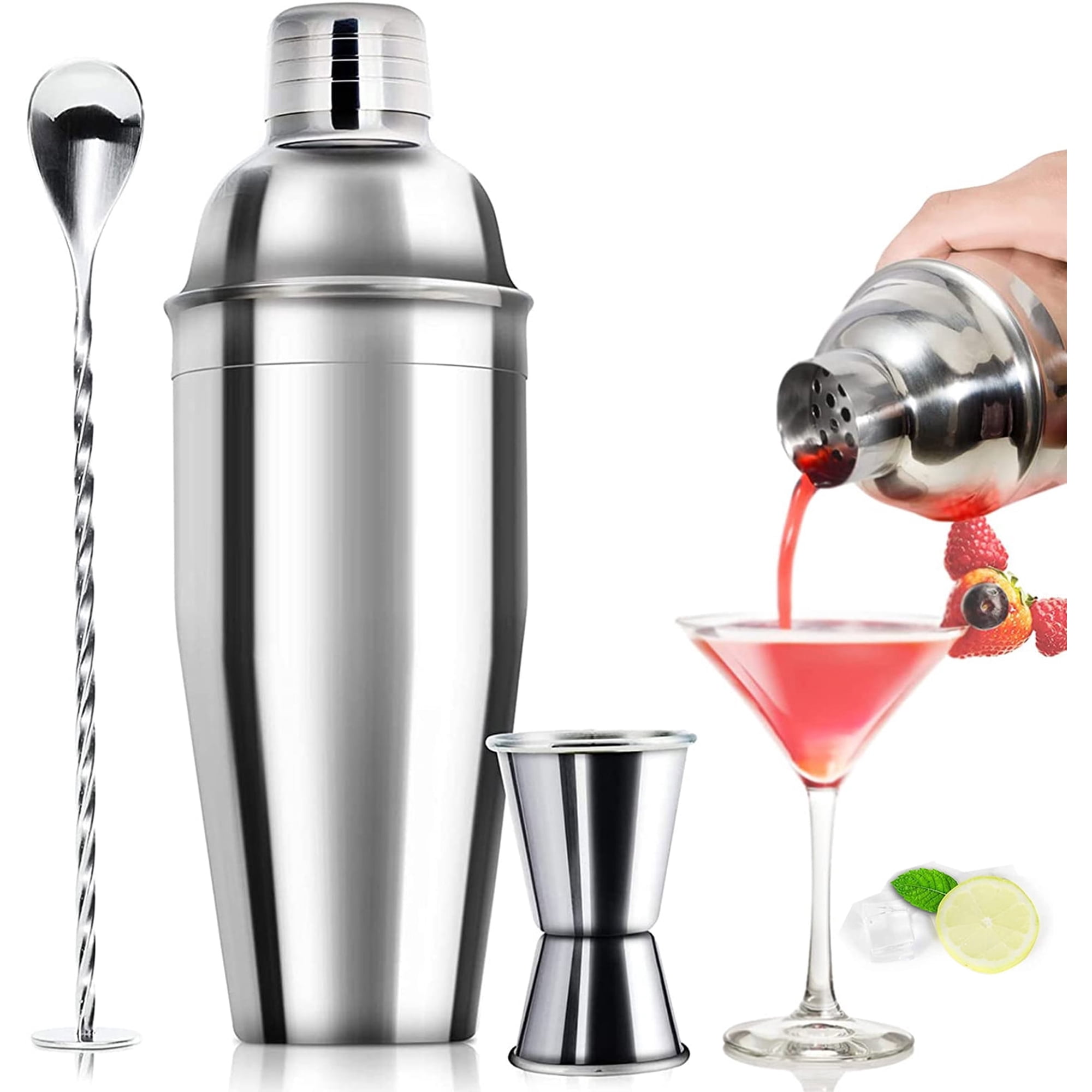 Semfri 25oz Cocktail Shaker Set,Stainless Steel with Jigger, Mixing Spoon & Built-in Strainer