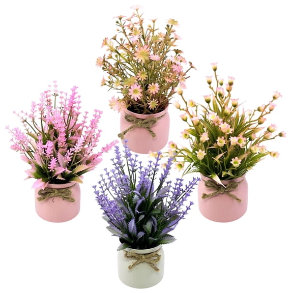 Semfri 4Pcs Mini Violet Artificial Lavender Plant with Pots, No Watering Needed, Ideal for Desks Living Rooms Bedrooms Bathrooms