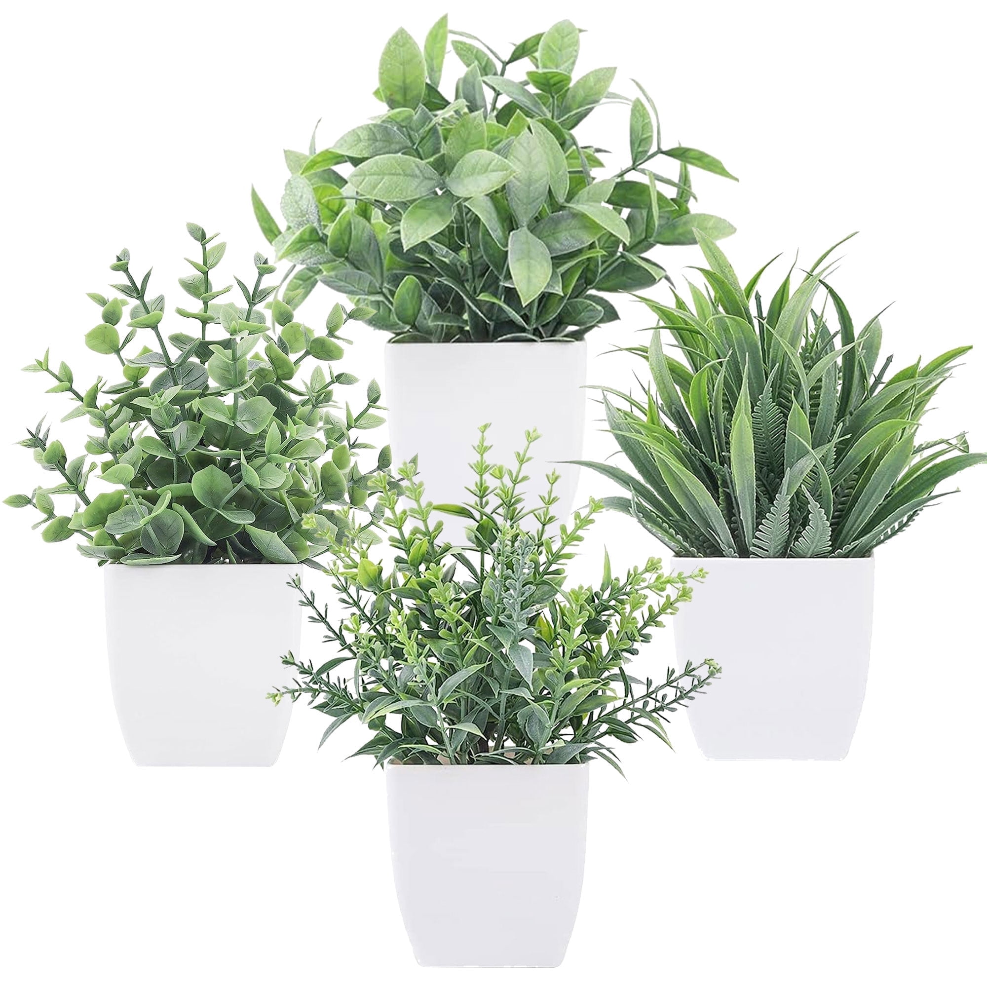Semfri 4Pack Fake Plants Small Artificial Greenery Faux Eucalyptus Potted Plants Fake Plants With White Flower Pot For Home Office Bedroom Bathroom Decoration
