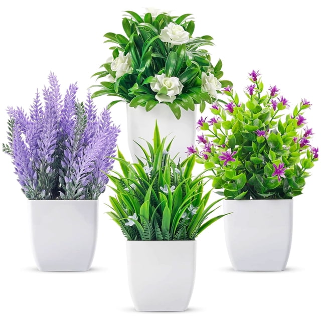 Semfri 4Pack Mini Artificial Green Plants, Small Fake Plants with White ...