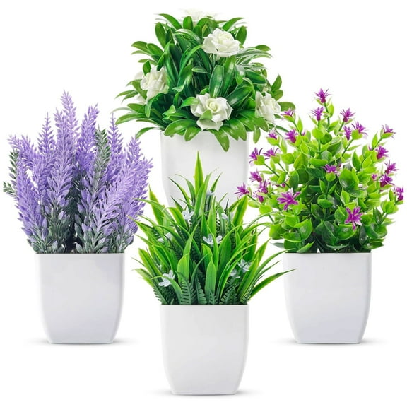 Semfri 4Pack Mini Artificial Green Plants, Small Fake Plants with White Pots for Home/Office/Bathroom