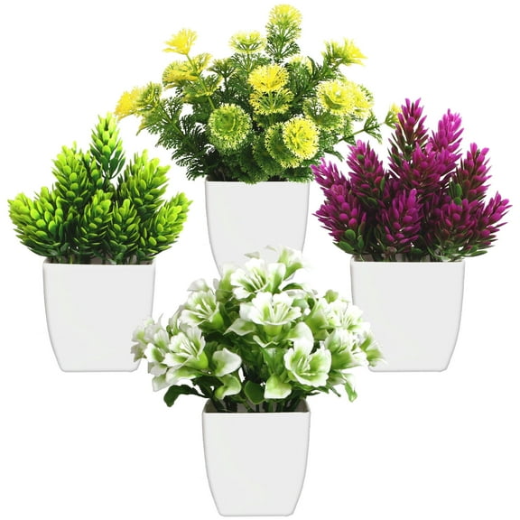 Semfri 4Pack Small Fake Plants with Pots -Artificial Flowers Indoor Greenery for Living Room, Office, Home Decor