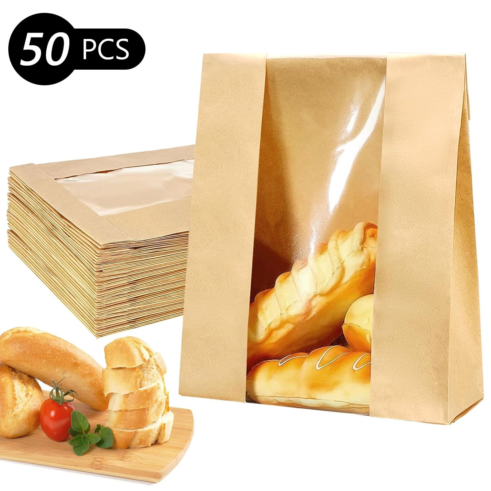 Semfri 50 Pcs Sourdough Bread Bags Bakery Bags Bread Bags Kraft Bread Storage bag for Homemade Bread Large Paper Bakery Bags with Clear Window Baked Food Packaging Storage