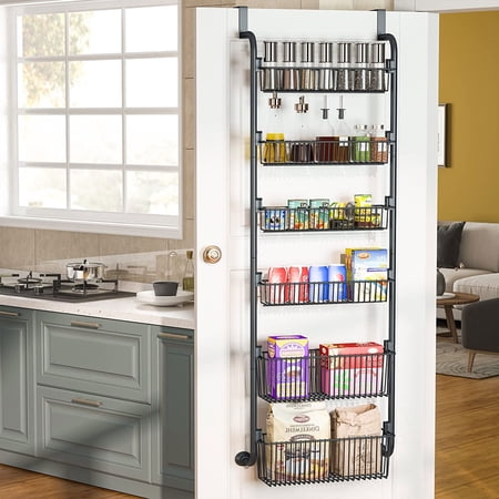 Semfri 6 Tier Over-The-Door Hanging Organizer Heavy Metal Spice Rack Adjustable Kitchen Storage Shelves for Kitchen Bathroom and Office Black