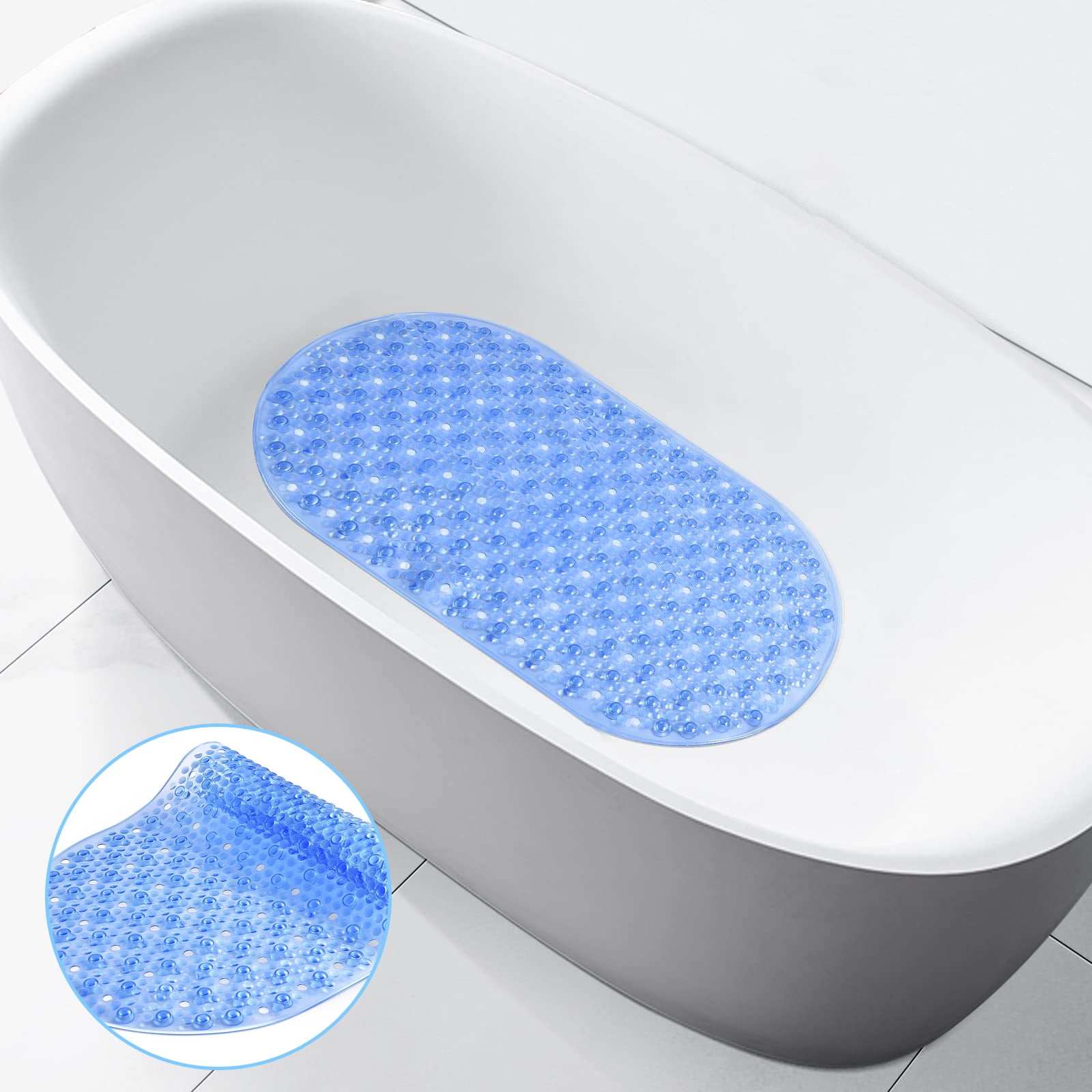 Semfri Pebble Bath Tub Shower Mat Non Slip Bathtub Mat for Bathroom Showers with Drain Holes and Suction Cups Oval 27 x 14 inch Clear
