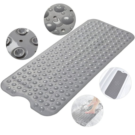 Semfri Bath Tub Shower Mat 40 x 16 inch Non Slip PVC Bath Tub Mats Shower Mats Extra Large Grey Bathroom Mats with Drain Holes and Suction Cups Grey
