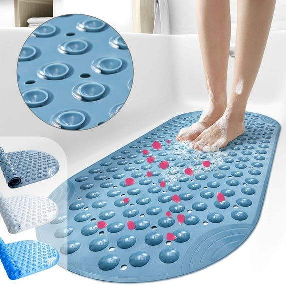 Semfri Bath Tub Shower Mat Non Slip Shower Floor Mats for Bathroom Bath Tub Washable with Drain Holes and Suction Cups 16 x35 inch Clear Blue