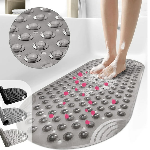Semfri Bath Tub Shower Mat Non Slip Shower Floor Mats for Bathroom Bath Tub Washable with Drain Holes and Suction Cups 16 x35 inch Clear Gray