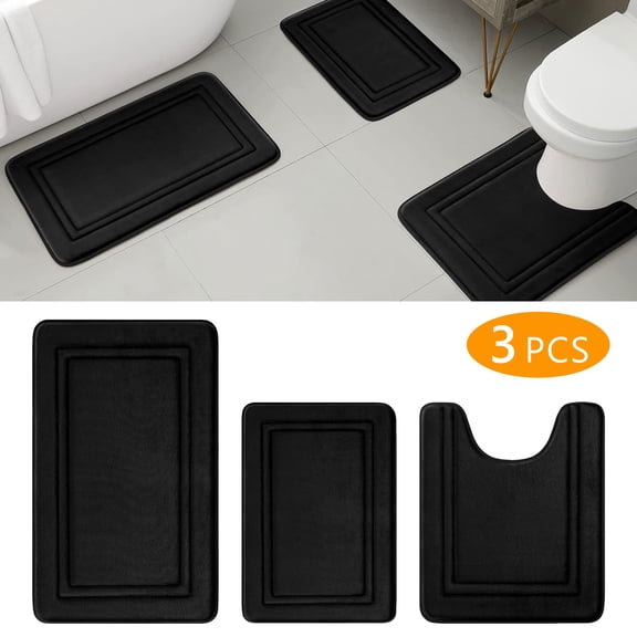 Semfri Bathroom Rugs Set of 3 Piece Memory Foam Bathroom Mat Mats and Rugs Sets for Toilet Shower Sink Black
