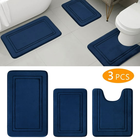 Semfri Bathroom Rugs Set of 3 Piece Memory Foam Bathroom Mat Mats and Rugs Sets for Toilet Shower Sink Navy Blue