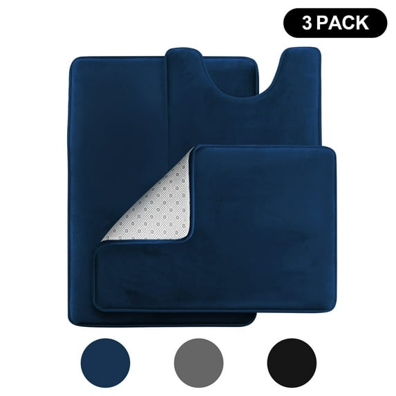 Semfri 3-Piece Bathroom Rug Set Velvet Memory Foam Bath Mat and Contour Rug Absorbent Fast Drying Navy Blue