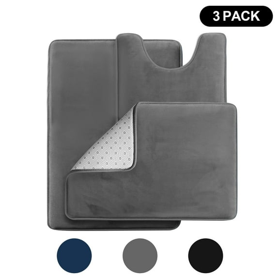 Semfri 3-Piece Bathroom Rug Set Velvet Memory Foam Bath Mat and Contour Rug Absorbent Fast Drying  Gray
