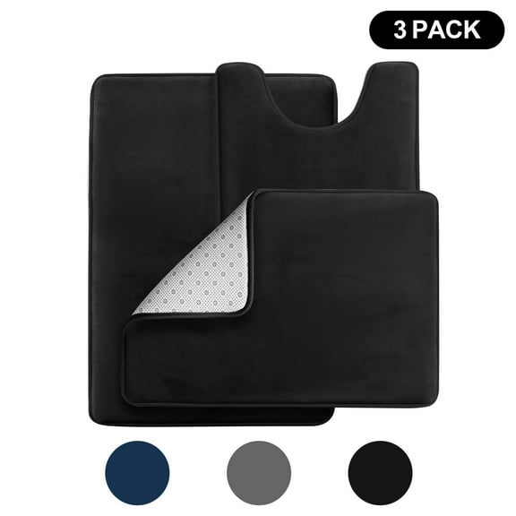 Semfri 3-Piece Bathroom Rug Set Velvet Memory Foam Bath Mat and Contour Rug Absorbent Fast Drying Black