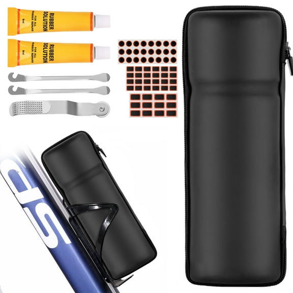 Semfri Bicycle Tire Repair Tool Kit Portable Bicycle Repair Kit with Tire Pump, Patch, Glue and Wrench Tool Accessories Frame Storage Bag Bicycle Emergency Repair Kit-Black