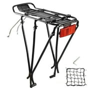 Semfri Bike Rack Universal Adjustable Bicycle Luggage Rack Rear Bike Rack with Reflective Logo and Bandaged Cargo Net Suitable for Disc Brake/Non Disc Brake Mounting Travel Carrier - Black