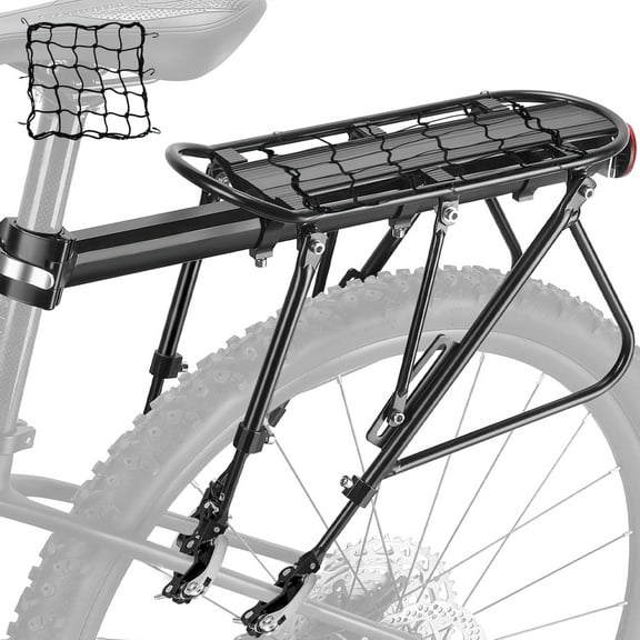 Semfri Bike Rack Universal Adjustable Bike Luggage Rack Travel Carrier with Quick Release Heads, Reflective Logo and Bandage Cargo Net Large Protective Side Wings Holds 220lb - Black