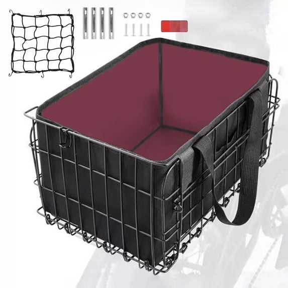 Semfri Black Bicycle Rear Basket with Removable Liner Bag – Foldable, Large-Capacity Metal Cargo Basket with Reflector, Mesh Cover & Mounting Tool, Fits Most Bikes