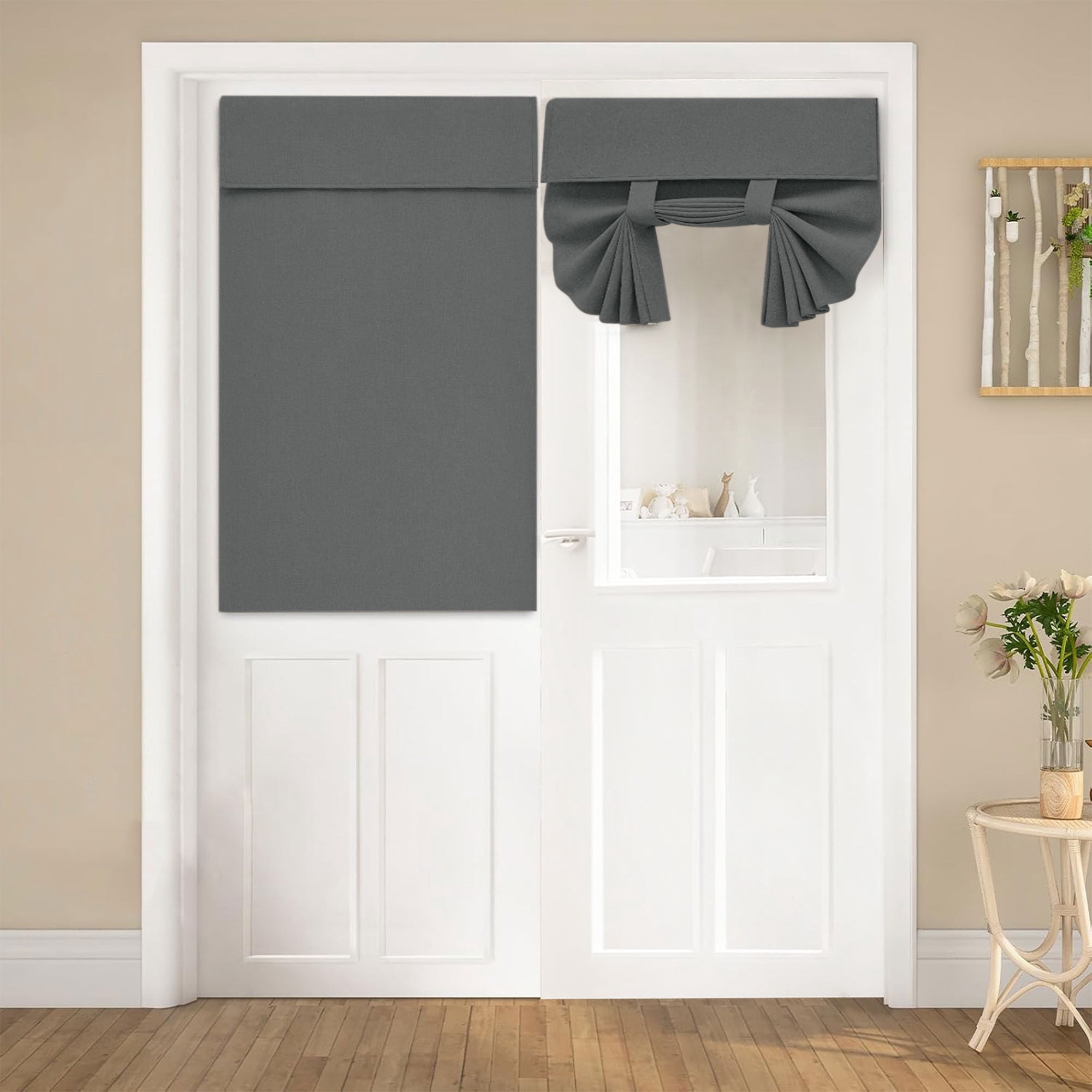 Semfri Blackout Door Curtains Privacy French Door Curtains 26inchx 40inch No-Punch Insulated Curtains for Bedrooms, Patios, French Door Fronts, Kitchen Glass Doors Tie Sun Shades Gray-2 Panel