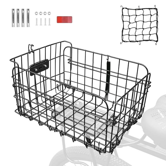 Semfri Folding Bicycle Basket,Large Metal Cargo Basket with Reflectors, Net Cover & Tools (Black)