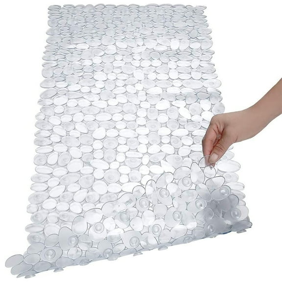 Semfri Pebble Bath Tub Shower Mat 35 x 16 inch Non Slip Bathtub Mat for Bathroom Showers with Drain Holes and Suction Cups Clear