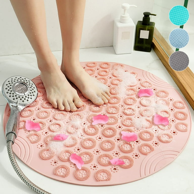 Semfri Pink Round Non Slip Shower Mat 22 x 22 inches Textured Surface Anti Slip Bath Mats with Drain Hole in Middle Bathroom Bath Massage Foot Mat for