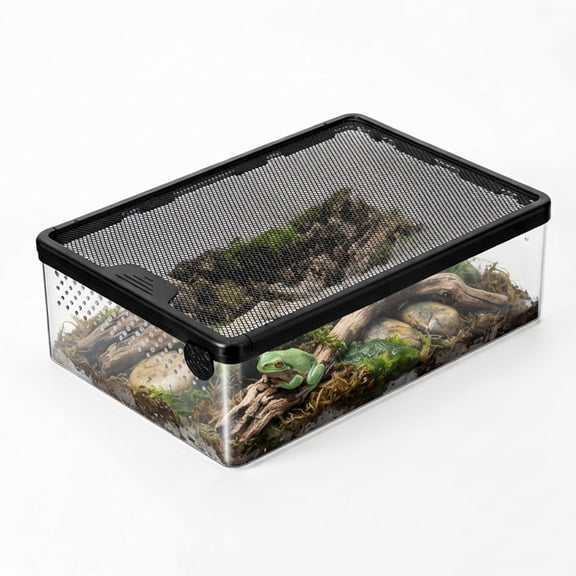 Semfri Plastic Reptile Enclosure, Hibernation Shading Habitat for Turtles, Anti-Escape Lock Design, Transparent Black Frame Pet Horned Frog Box with Ventilation Holes
