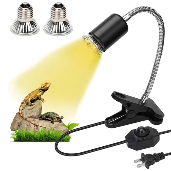 Semfri Reptile Heat Lamp, Adjustable UVA UVB Sunlight-Simulating Basking Spotlight with 360° Swivel Clamp & 2 50W Bulbs for Turtles/Lizards (Black)