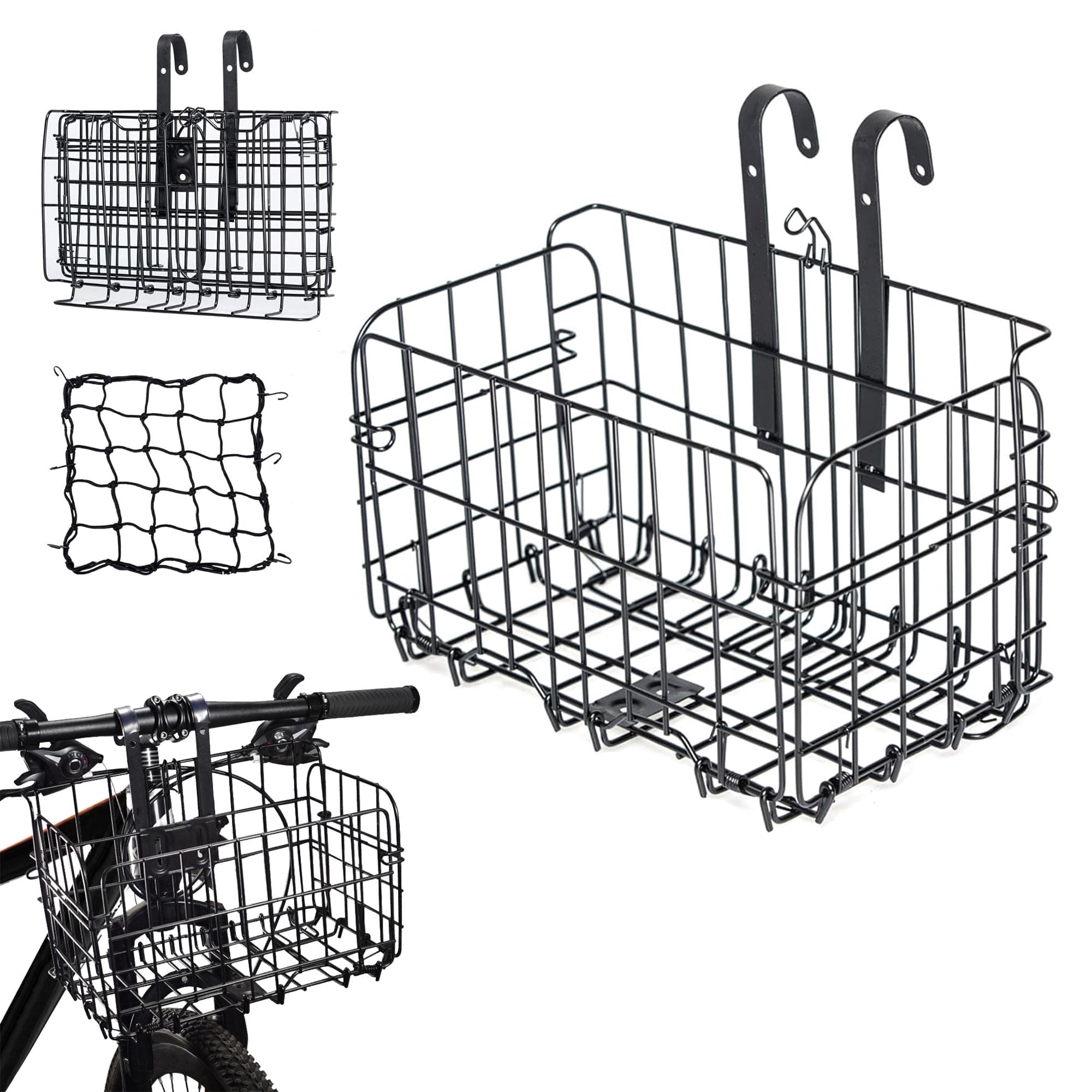 Semfri Folding Bicycle Front Cargo Basket,Rustproof Metal with Mesh Cover (Black)