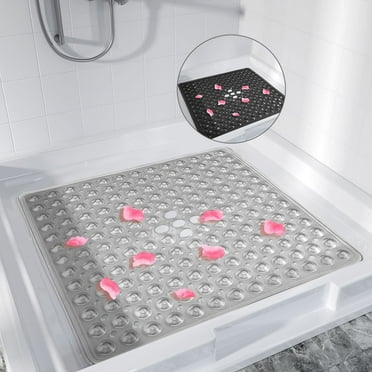 Semfri Square Shower Mat 21 x 21 inch PVC Non-Slip Suction Cups Drain Hole Gray