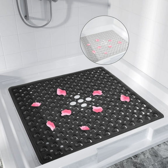 Semfri Square Shower Mat Non Slip 21 x 21 inch for Shower Stall Floors Bathtub Mat Non Slip Firm Grip Bathroom Mat Anti Slip Shower Mat with Suction Cups and Drain Hole Black