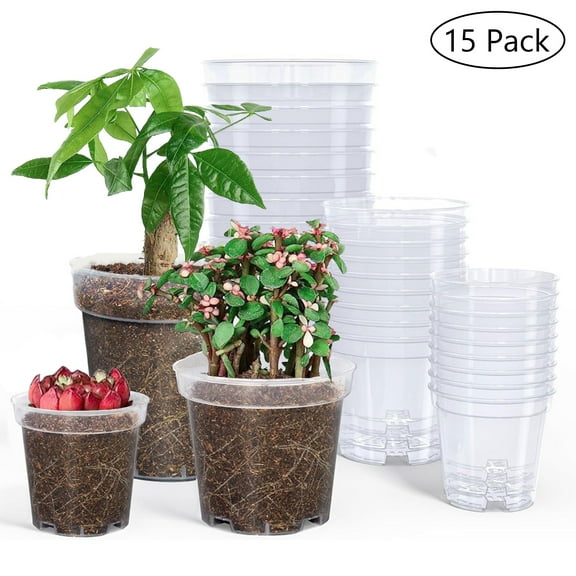 Semfri Transparent Seedling Pots 3/4/5in Plastic Planters with Drainage Holes High Clarity for Indoor/Outdoor Use 15-Pack