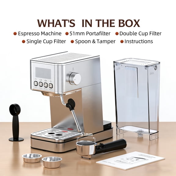 Semi-Automatic Espresso Machine with Milk Frother and Steam Wand, 20 Bar Pump Pressure, 57.5oz Water Tank for Home Brewing Cappuccino and Latte