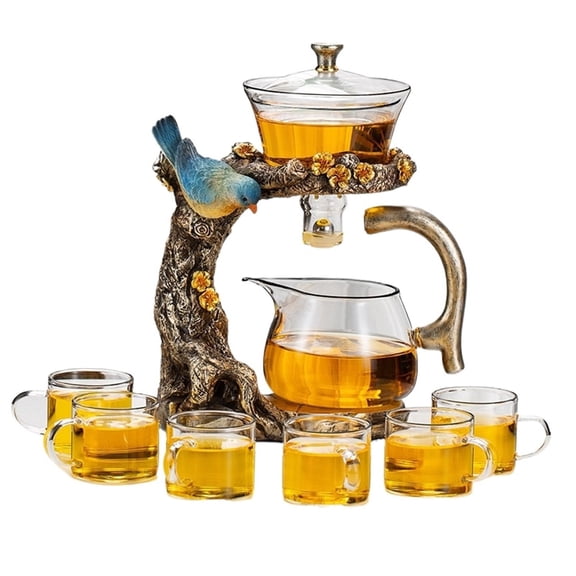 Semi-Automatic Magnetic Lazy Glass Tea Set, Heat Resistant Split Infuser Teapot with Resin Stand, Fairness Pitcher Small Cups for Home Office Tea Coffee Brewing