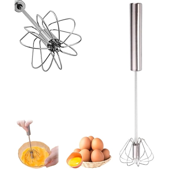 Semi-Automatic Stainless Steel Push Rotary Whisk Set – Hand Push Rotary Egg Whisk & Blender, Stainless Steel Egg Beater for Mixing Eggs, Milk & Cooking Ingredients (Silver, 10inch)