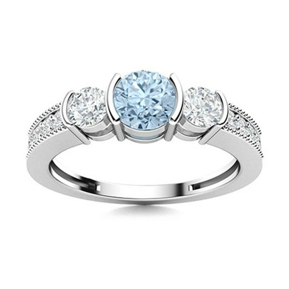 Semi Bezel Set 4MM Round Aquamarine 925 Sterling Silver Three Stone Women Ring