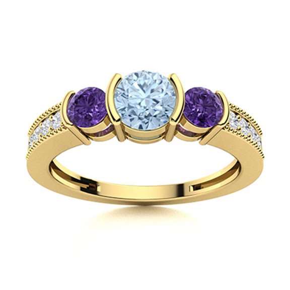 Semi Bezel Set 4mm Round Aquamarine & Sapphire 925 Sterling Silver Gold Vermeil Women Gifts Ring